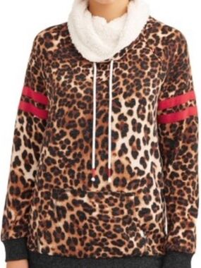 Leopard Print Sherpa-Trim Pullover Hoodie with Red Stripe Sleeves Size Medium JR